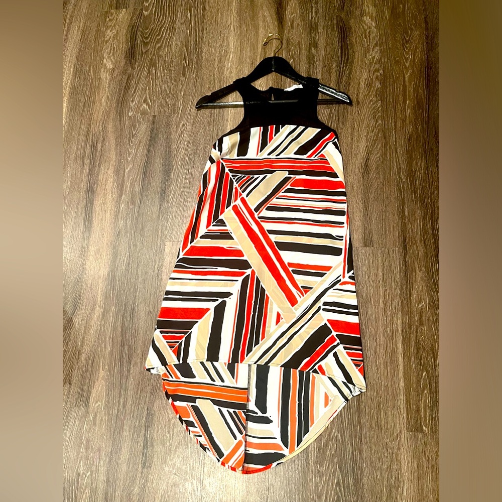 LUSH GEOMETRIC HIGH LOW DRESS | MESH YOKE | RED BLACK TAN | SLEEVELESS | MIDI
